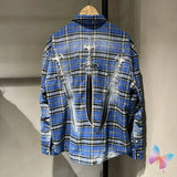 Blue Checkered Thug Club Shirts Star Moon Metal Logo Embroidered Sword Long Sleeved Shirts Fashion Hiphop Street Men Women Tops