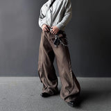 FOESCE Mens Pants Motorcycle Rivets Deconstructed Curved Casual Pants Streetwear Fashion Grunge Wide Leg Pants Old Money Menswear 2025