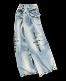 FOESCE Y2k men street fashion high-waisted wide-leg pants 2025 heavy industry rivet design raw edge jeans retro Harajuku loose pants