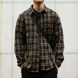 FOESCE 2025 autumn frosted shirt men's plaid loose long sleeved casual work clothes thick shirt trend camisa masculina slim fit blouse
