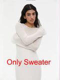FOESCE Spring Autumn O-Neck Elastic Knit Long Dresses Women 2025 Elegant Chic Soft Lady Hollowing Sweater Dresses Femme New