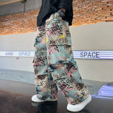 FOESCE American Fashion Brand Harajuku Camouflage Splicing Trousers Men Y2k Goth Letters Doodle High Waist Wash Oversized Jeans Women
