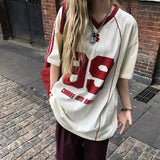 FOESCE Y2K American Retro Splicing Hip Hop Summer Goth Trend Design Couple Contrasting Color Loose Sports Top Street V Neck T Shirt