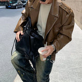 FOESCE American Street Retro Heavy Industry Rivet Motorcycle Leather Jacket Men's Elegant British Jacket Autumn Unisex Short Jacket