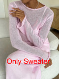 FOESCE Spring Autumn O-Neck Elastic Knit Long Dresses Women 2025 Elegant Chic Soft Lady Hollowing Sweater Dresses Femme New