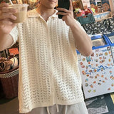 FOESCE Mens Japanese Jacquard Hollow Knitted Short-Sleeve Shirt New Sexy Solid Color Casual Simple Outer Lapel Casual Half-Sleeve Top