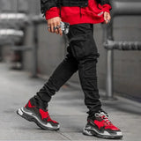 FOESCE Men Street Elastic Denim Jeans Wash Solid Color Multi Pockets Cargo Pants Casual Slim Fit Daily Wear Joggers Mid Waist Trousers