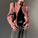 FOESCE Mens Y2k Glossy Shoulder Pad Jacket 2025 New Genderless Fashion Personality Metal Functional Style Solid Color Jacket Unisex