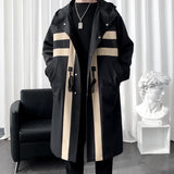 FOESCE New Trench coat Men's Windbreaker Patchwork Color Medium Long Trenchcoat Korean Fashion Covered Button Male Hooded Trench Jacket