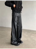 FOESCE PU Leather Pants men Straight 2025new Spring Men's Punk Fashion Hip Hip Men Wide-leg Mopping Trousers Windproof Dark Brown/Black