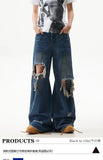 FOESCE American style distressed and distressed design, floor mopping jeans for men and women, loose high street straight leg casual