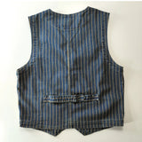 FOESCE Spring New Japanese Retro Denim Striped Cargo Vest Men's Fashion Pure Cotton Washed Sleeveless V-neck Multi-pocket Casual Coat