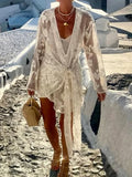 FOESCE Long Sleeve Fashion Patchwork Mini Dress, Spring Summer Women V Neck Chic Party Dress, 2025 New Beach Style Lace-Up Ladies Dress