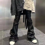 FOESCE Ro Style Ribbons Matte Coated Stretch Black Flare Pants for Men and Women Lace Up Baggy Leather Trousers Streetwear Boot Cut