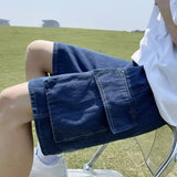 FOESCE 2025 New Multi-pocket Baggy Cargo Jorts For Men Solid Color Breathable Straight Denim Shorts Y2K Streetwear Distressed Bermudas