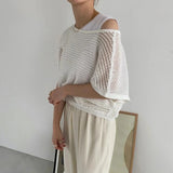 FOESCE 2025 Korean Version Strappy Hollow Casual All-match Blouse Top Mens Sexy Mesh Sweater Front and Back Two-wear Bat Sleeve T-shirt