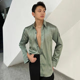 FOESCE Satin Latin Dance Shirts For Men Long Sleeves Practice Dance Clothes White/Black/Navy/Brown/Green Ballroom Dance Tops DNV17466