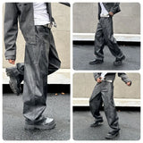 FOESCE New trendy loose straight tube nostalgic black chalcedony leather pants