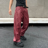 FOESCE New trendy loose straight tube nostalgic Ankora red leather pants
