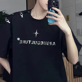 FOESCE Mens Summer Short Sleeve T-shirt Metal Buckle Design Streetwear Korean Trendy Casual Loose Top Tees Personality Letter Pullover
