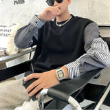 FOESCE Spring and Autumn 2025 Boyfriend New Patchwork Pullover O-Neck Striped Fashion Loose Minimalist Casual Long Sleeved Sweatshirts