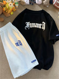 Oversized Loose Jogging Waffle Casual Suit Men Loose Korean Short-sleeve tshirt + Sports Shorts Summer Men Letter Print 2pcs Set