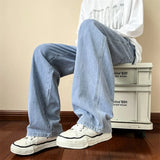 FOESCE New Korean Fashion Men's Baggy Jeans High Street Man Straight Denim Wide-leg Pants Hip Hop Bagy Light Blue Grey Black