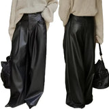 FOESCE Women's Floor Pants Fashion Casual Loose Wide Leg PU Leather  Pants Street Women Wear