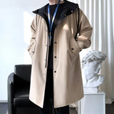 FOESCE Trench Men Fashion Turn Down Collar Hooded Trenchcoat Autumn Single-breasted Loose Windbreaker Casual Overcoat Fake Two Piece