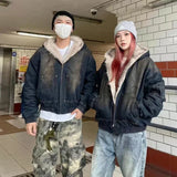 FOESCE Autumn and winter new loose denim jacket, thick and warm retro design, hooded cotton jacket, fashionable men's or women's jacket