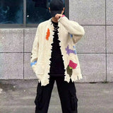 FOESCE Mens Sweater Graffiti Contrast Color Ripped Casual Knit Sweater Autumn Fashion Streetwear Versatile Long-Sleeved Top Men'S Wear