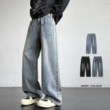 FOESCE Autumn Jeans Men'S Retro Loose Curved Pants Fashion Mid Waist Pants Black Jeans Casual Straight Leg Pants Wide Leg FleecePants