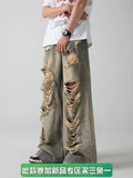 FOESCE 2025 Old and Worn Hole Jeans, High Street, Wasteland Style, Small Crowd Vibe, Beggar, Floor Sweeping Long Pants, blusa masculina