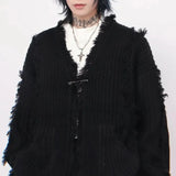 FOESCE Y2k Mens Sweater Irregular Tassel Design Knitted Jacket Autumn Casual Versatile Atmosphere Solid Color Top Men's Clothing Unisex