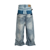 FOESCE CUT-UP Double-layer Double Waist Patchwork Baggy Jeans for Men and Women Straight Casual Loose Denim Trousers Oversized