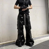 RO Style Glossy Black Pu Leather Pants for Men High Street Y2k Pantalones Hombre Baggy Overall Wide Leg Drawstring Cargo