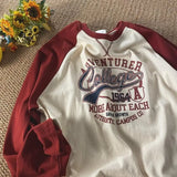 American Retro mens long T Shirt Raglan Shoulder Contrast Printing  unisex style  Contrast loose top Oversize trend Hip Hop Y2K