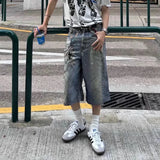 FOESCE 3D Print Patchwork Baggy Jeans Shorts for Men Streetwear New Summer Wide Leg Patchwork Casual Loose Knee Length Pants Oversized