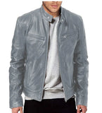 FOESCE Men's Faux Leather Jacket Autumn Fashion Solid Color Zipper Motorcycle Jacket Men's Casual Long Sleeve Zipper Button Jacket