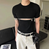 FOESCE Fashion Crop Tops Men T Shirt Zipper Solid O-neck Short Sleeve T Shirt Summer Y2k Streetwear Unisex Short Tees Casual Camisetas