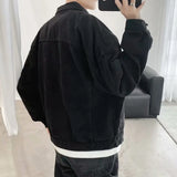 FOESCE Black Denim Short Jacket Men Turn Down Collar Bomber Jacket Jeans Coats Casual Pockets Overalls Streetwear Man Clothing Outwear