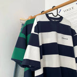 FOESCE Trendy loose fitting short sleeved men and women summer American retro striped round neck T-shirt Couple casual top harajuku