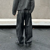 FOESCE New trendy loose straight tube nostalgic black chalcedony leather pants