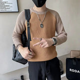 FOESCE Round Neck Contrast Color Autumn Winter Men's Clothing Sweater Knitted Pullover Long Sleeve Fashionable Casual Loose Tops