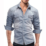 FOESCE Men'S Autumn Fashion Clothing Casual Fashion Long Sleeve Lapel Shirts Solid Color Denim Washed Shirt Men'S Tops