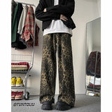 FOESCE Trendy Leopard Print Jeans Man pants fasnion unisex American High Street Trousers Harajuku Style Baggy High Waist Casual Pants