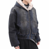 FOESCE Mens Fashion Trend Thickened Denim Jacket Hooded Jacket Autumn Winter American Street Handsome Hip-Hop Y2k Jacket Mens Clothing