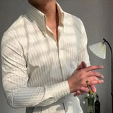 FOESCE Business Square Collar Stripe Retro 2025 Autumn Men's Splicing Button Fashion Slimming Style Versatile Casual Long Sleeve Shirts