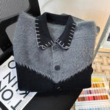 FOESCE Korean Contrasting Color Splicing Cardigan Lapel Sweater Men and Women Trendy Niche Loose Warm Sweater