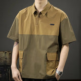 FOESCE Summer Men's Patchwork Half Zip Short Sleeve Polo T Shirt Casual Lapel Pocket Cargo Golf Wear High Street Fashion Polos Hombre